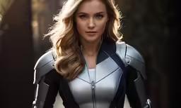 a woman in silver and black costume posing for a picture