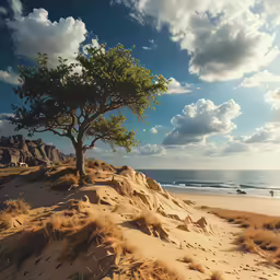 a lone tree standing in the sand on the beach