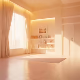 an empty white room with many books and pictures on the wall
