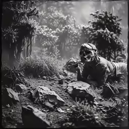 a soldier crouches down to take his position in the jungle