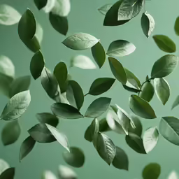 a green background with a variety of leaves floating around
