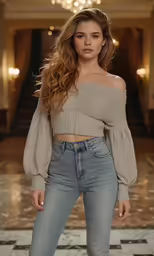 a beautiful young woman in jeans and off shoulder sweater