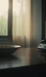 a black bowl on a table with an alarm clock