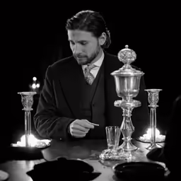 a black and white image of a man at a table looking down