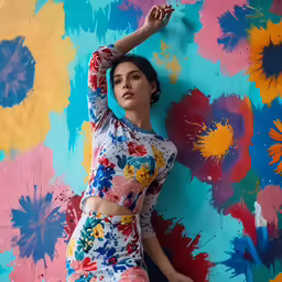 a woman leaning up against a colorful wall