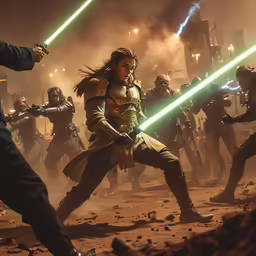 many people dressed in costumes with lightsabed and some in action