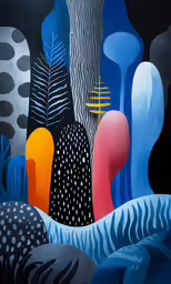 a painting of abstract shapes and trees in black, white and blue colors