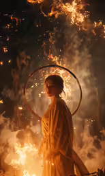 a woman is carrying a hoop around fire as she looks down at the sky