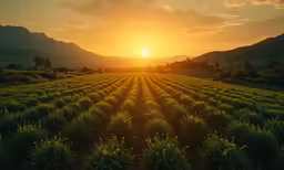 a field of plants with the sun setting