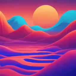 the desert with mountains in sunset or sunrise,an illustration of sand hills and the setting sun