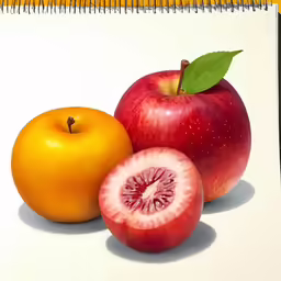 apple, orange and fruit sitting next to each other