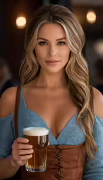 a beautiful blond holding a mug of beer