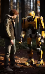 a man with a backpack looking at an old yellow robot