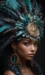 a woman with a headdress made of feathers and jewels