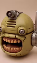 a yellow robot toy with teeth and eyes is shown