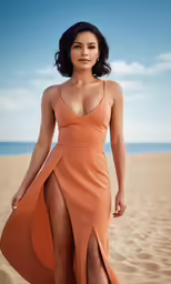 a beautiful woman in a tan dress on the beach