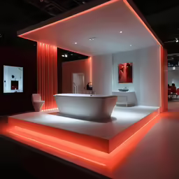 a bath tub and mirror are lit up on display