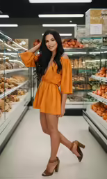 young woman in orange dress standing next to display of food
