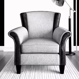 this black and white chair sits in the corner