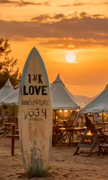 a surf board that is leaning up on the beach