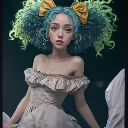 a woman in a white dress with blue and green hair wearing a yellow bow