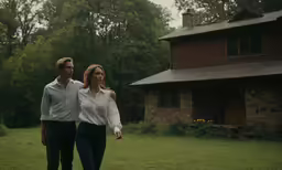 an engaged couple walking in the field in front of a house