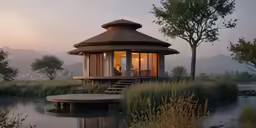 a gazebo sits beside a body of water with green grass
