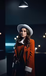 woman with hat and coat posing for picture