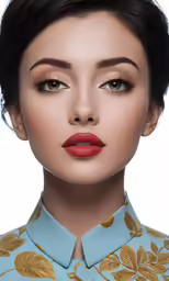 the woman with red lips is wearing an orange lipstick