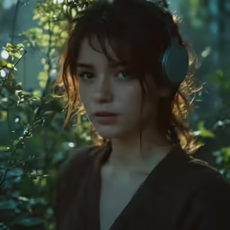a young woman with headphones on looking off into the distance