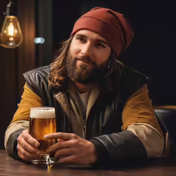 a bearded man with a beard holding a pint