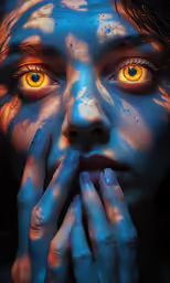 woman in blue makeup is holding her face to her face