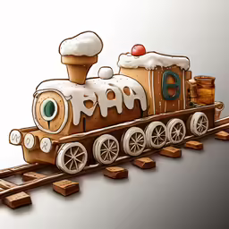 an animated drawing of a train decorated with icing and snow