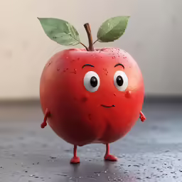 an apple with leaves on its face standing upright