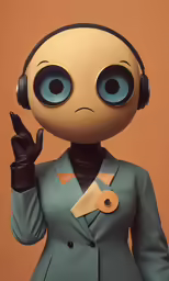 a person with headphones wearing a suit and making a gesture