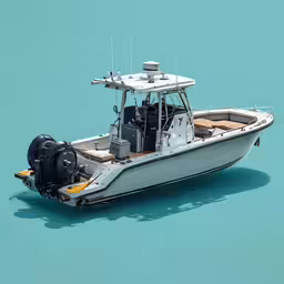a white boat in the water with a motor