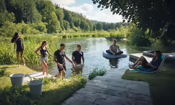 a group of people sitting on the shore of a lake