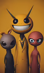 three cartoon characters are all dressed in costume