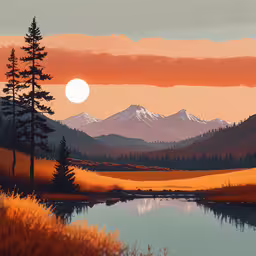an orange sunset is reflected on a clear lake,a sunset scene shows snow covered mountains with a lake in the foreground and a sun setting
