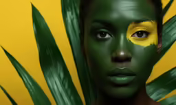 a woman with green and yellow painted on her face