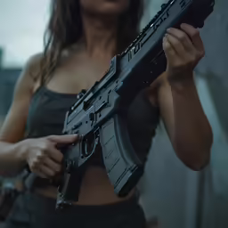 a woman holding a gun while wearing black top