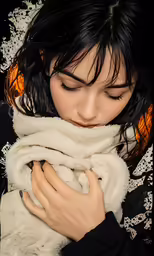 a woman is bundled in warm white clothing and has her arm tucked behind her