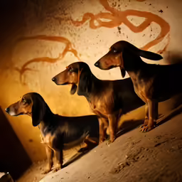 a group of dachshund standing next to each other in an enclosure