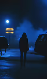 woman standing on a street next to parked cars