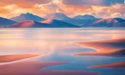 a view of mountains in the distance with a lake and sky reflecting on them