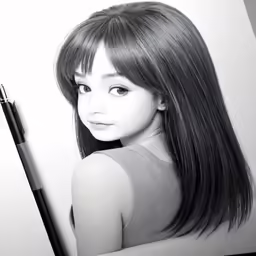 a little girl with long hair in a pen drawing