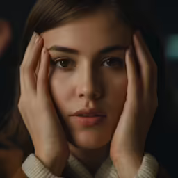 a woman in a sweater covers her face