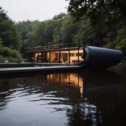 the house sits next to a body of water with a boat