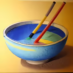 two colorful brushes sticking in a bowl that appears to have colored sand