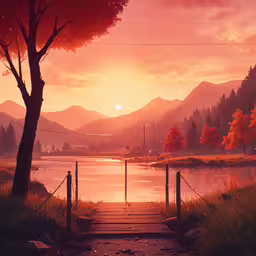 a scenic view with sunset on the far end,a sunset over a body of water with a forest in the foreground